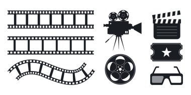 Sinema simgesi seti. Kamera, bilet, film şeridi, 3D gözlükler, klasör ve film makarası. Vektör