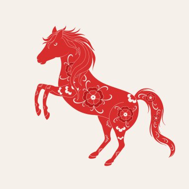 Çiçek desenli kırmızı at. 2026 yılının sembolü. Vektör