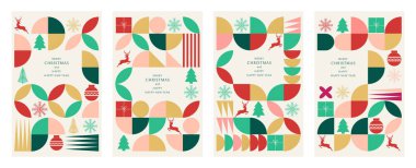 Mutlu Noeller ve yeni yıl geometrik dikey posterleri içinde geyik, kar tanesi ve hediye kutusu olan. Vektör illüstrasyonu.