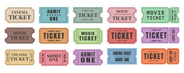 Bir bilet şablonunun vektör seti. Sinema, sinema, sirk, tiyatro, film, festival, kumarhane, kulüp, müzik için bilet. Olay giriş kartı ayarlandı. Vektör.