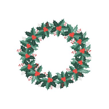 Noel çelengi ve kutsal meyveler. Yeni yıl ve Noel süsü. Vektör illüstrasyonu.