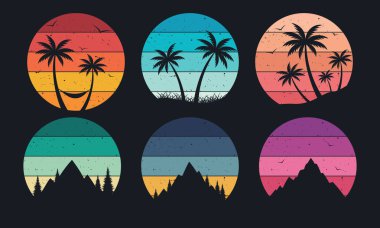 70 'li ve 90' lı yılların modası geçmiş günbatımları. Palmiye ağaçları ve dağlar. Tişört tasarımı için vektör illüstrasyonu