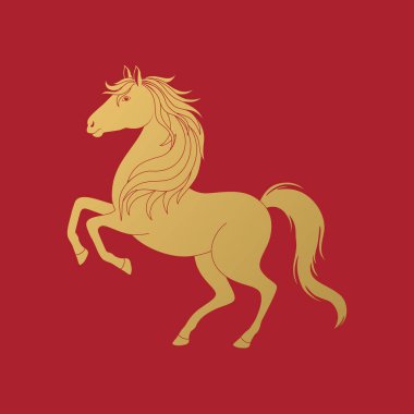 Kırmızı arka planda altın at. Çin 'in yeni yıl sembolü 2026. Vektör