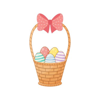 Renkli yumurtalarla dolu Paskalya sepeti. Vektör illüstrasyonu.