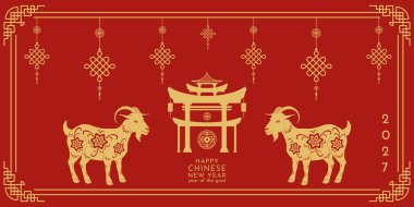 Mutlu Çin Yeni Yılı 2027. Kırmızı keçi, bulut ve Çin fenerleriyle dolu bir arka plan. Vektör illüstrasyonu