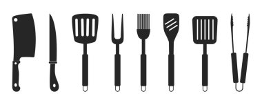 Mangal ve ızgara ikonlarının vektör seti. Barbekü aletleri: spatula, çatal, maşa ve bıçak. Vektör illüstrasyonu