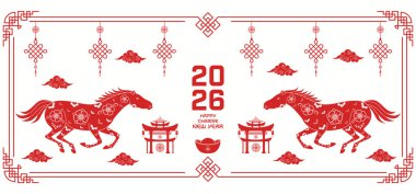 Mutlu Çin Yeni Yılı 2026. Atın yılı. Vektör illüstrasyonu.