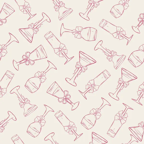 Kokteyl bardakları ve fiyonklarıyla klasik el yapımı, pürüzsüz bir desen. Tek renkli mürekkep. Ambalaj kağıdı, ambalaj, kumaş ve tekstil için tasarlandı. Vektör illüstrasyonu