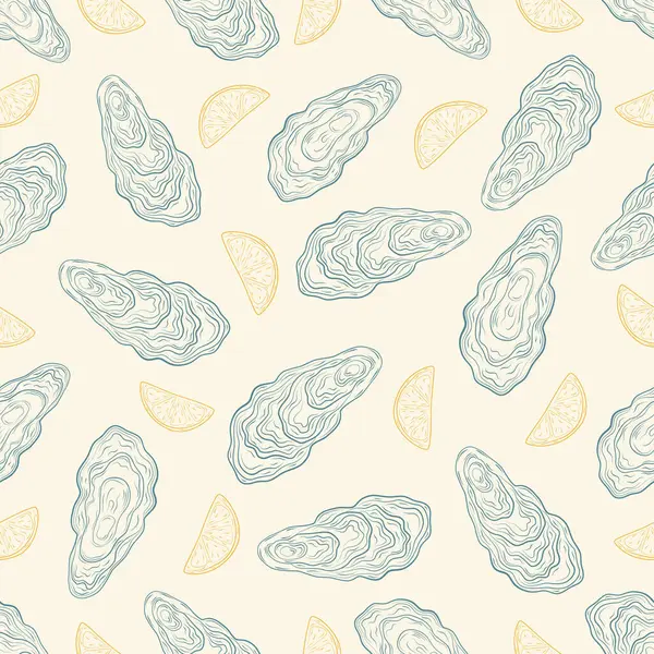 El yapımı istiridye ve limon dilimleri kusursuz desen. Deniz yaratıkları. Ambalaj kağıdı, ambalaj, kumaş ve tekstil için tasarlandı. Vektör