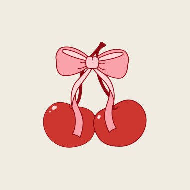 Cute cherries with a coquette bow and ribbon. Vector illustration