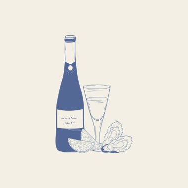 Elle çizilmiş yemek örnekleri: şampanya şişesi, bardak, istiridye ve limon dilimleri. Vektör