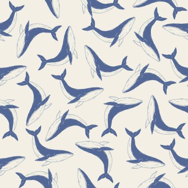 Mavi balinalı klasik el yapımı dikişsiz desen. Tek renkli mavi mürekkep. Ambalaj kağıdı, ambalaj, kumaş ve tekstil için tasarlandı. Vektör illüstrasyonu