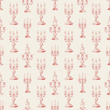 Zarif klasik şamdanlar ve yanan mumlarla elle çizilmiş pürüzsüz bir desen. Ambalaj kağıdı, ambalaj, kumaş ve tekstil için tasarlandı. Vektör