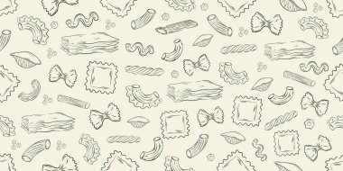 Çeşitli İtalyan makarnalarıyla el yapımı, pürüzsüz desen. Ambalaj kağıdı, ambalaj, kumaş ve tekstil tasarımı için tasarlandı. Vektör illüstrasyonu