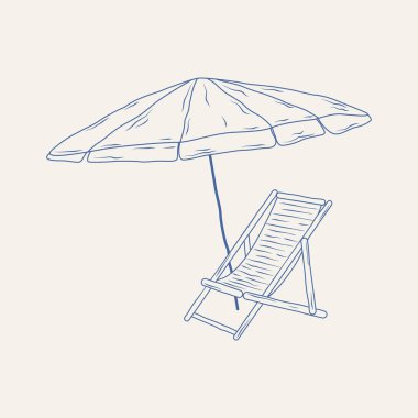 El yapımı güneş şezlongu ve plaj şemsiyesi. Yaz tatili. Tek renkli mavi mürekkep çizimi. Vektör