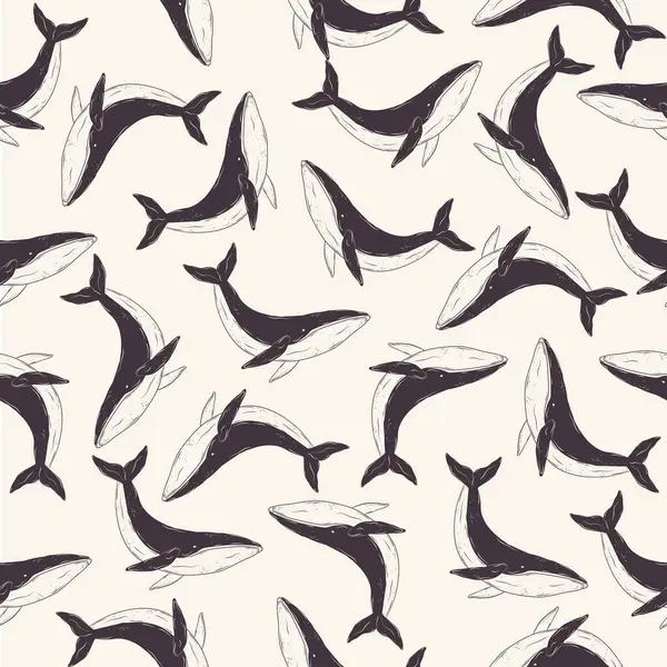 Mavi balinalı klasik el yapımı dikişsiz desen. Tek renkli mürekkep. Ambalaj kağıdı, ambalaj, kumaş ve tekstil için tasarlandı. Vektör