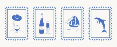 El çizimi yaz tatili kartpostalları. Dolce vita konsepti. Kadınlar, yelkenliler, yunuslar, şampanya, cam. Antika seyahat pulları. Vektör