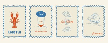 Amalfi tarzında el yapımı İtalyan kartpostalları. Istakoz, sahildeki kadın, yelkenli, deniz kabukları dahil. Tatil posterleri, yaz ambalajları, kumaşlar ve markalar için mükemmel. Vektör