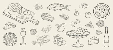 El yapımı Akdeniz yiyecek ve içecek seti. Makarna, ıstakoz, istiridye, şarap, peynir, zeytin ve deniz ürünleri. Mönü, ambalaj ve markalaşma tasarımı için tek renkli mürekkep vektör çizimi