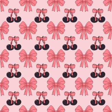 Kiraz ve fiyonklu klasik el yapımı, pürüzsüz desen. Ambalaj kağıdı, ambalaj, kumaş ve tekstil için tasarlandı. Vektör illüstrasyonu