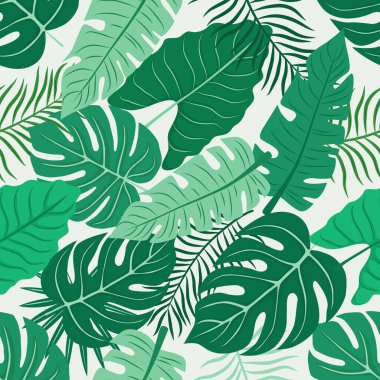 Tropikal palmiye yapraklı kusursuz vektör deseni. Beyaz arka planda yeşil botanik yaprakları. Yaz tekstil ürünleri, ambalaj kağıtları, duvar kağıtları ve ambalaj tasarımı için mükemmel.