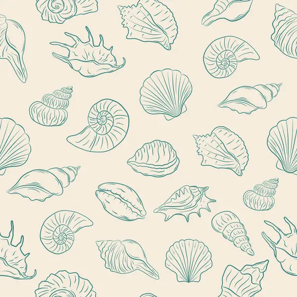 Elle çizilmiş deniz kabuklarıyla kusursuz desen. Tek renkli mürekkep. Paketleme, ambalaj kağıdı, kumaş, kırtasiye ve tekstil tasarımı için ideal. Vektör