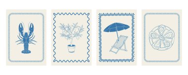 İçinde limon, ıstakoz, istiridye ve şezlong bulunan el yapımı klasik posterler. Akdeniz tarzında İtalyan dikey arka planı. Vektör illüstrasyonu