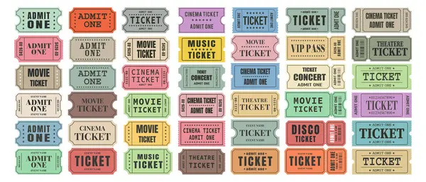 Bir bilet şablonunun vektör seti. Sinema, sinema, sirk, tiyatro, film, festival, kumarhane, kulüp, müzik için bilet. Olay giriş kartı ayarlandı. Vektör.