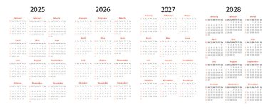 2025, 2026, 2027 ve 2028 için vektör takvimleri. Pazar gününden itibaren haftalar süren 12 aylık çarşafları içeriyor. Masa takvimi tasarımı, planlama ve yazdırılabilir şablonlar için mükemmel