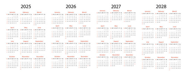 Set of vector calendars for 2025, 2026, 2027, and 2028. Includes 12-month sheets with weeks starting on Sunday. Perfect for desk calendar design, planning, and printable templates