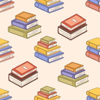Yığılmış kitaplarla elle çizilmiş pürüzsüz desen. Eğitim projeleri, okul malzemeleri, ambalaj kağıdı, ambalaj ve kırtasiye malzemeleri için mükemmel. Vektör
