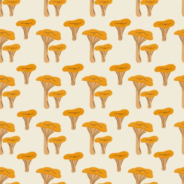 Elle çizilmiş mantarlı dikişsiz sonbahar deseni. Ambalaj kağıdı, ambalaj, kumaş ve tekstil için tasarlandı. Vektör illüstrasyonu