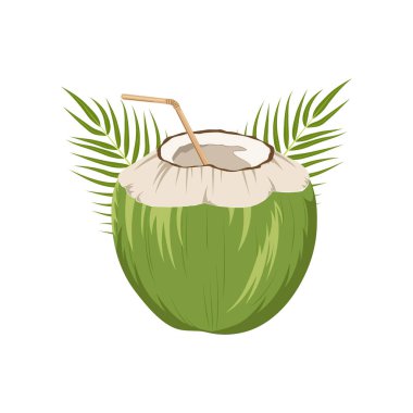 Palmiye yaprakları ve kokteyl pipetli hindistan cevizi. Tropikal tasarım, ambalaj, markalaşma, yaz baskıları ve organik ürün etiketleri için mükemmel. Vektör