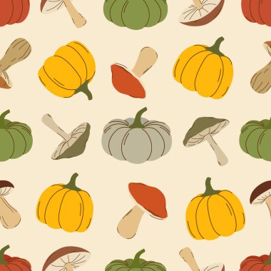 Mantarlı ve balkabaklı elle çizilmiş sonbahar deseni. Ambalaj kağıdı, ambalaj, kumaş ve tekstil için tasarlandı. Vektör