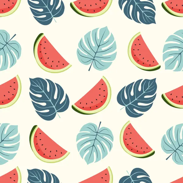 Karpuz dilimleri ve canavar yapraklarıyla kusursuz vektör deseni. Yaz tekstil ürünleri, ambalaj kağıtları, duvar kağıtları ve ambalaj tasarımı için mükemmel.