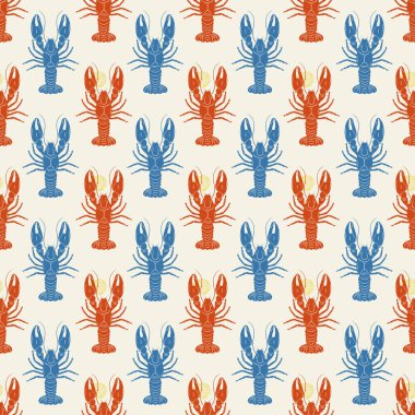 Elle çizilmiş ıstakozlarla kusursuz desen. Tek renkli mürekkep. Paketleme, ambalaj kağıdı, kumaş, kırtasiye ve tekstil tasarımı için ideal. Vektör