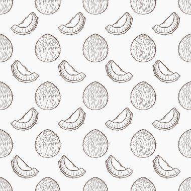 Elle çizilmiş hindistan cevizi desenli vektör. Tek renkli mürekkep taslak vektör simgesi. Tropikal tasarım, ambalaj, markalaşma, yaz baskıları ve organik ürün etiketleri için mükemmel.