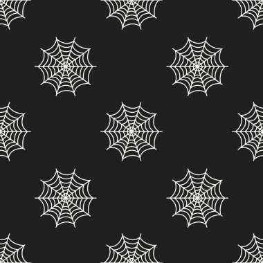 Örümcek ağıyla kusursuz bir Cadılar Bayramı deseni. Tekstil, hediye paketi ve mevsimlik dekor için mükemmel. Vektör illüstrasyonu