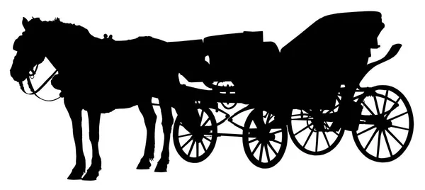 Oude Koets Getrokken Door Een Stilstaand Paard Zwart Figuur Silhouet — Stockfoto