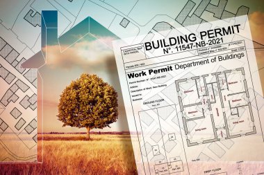 Building Permit concept with imaginary building approvation and home in nature clipart
