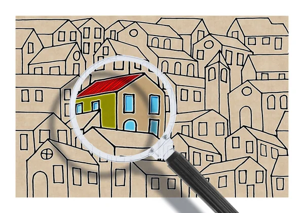 Poszukiwanie Nowego Domu Koncepcja Kolorowym Domem Widzianym Przez Szkło Powiększające — Zdjęcie stockowe