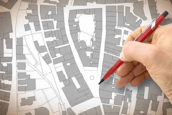 Ingeniero Dibujando Mapa Imaginario Ciudad Del Territorio Con Edificios Campos —  Fotos de Stock