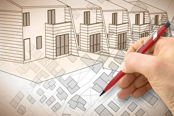 Architect Tekent Een Duplex Woongebouw Een Denkbeeldige Kadastrale Kaart Van — Stockfoto