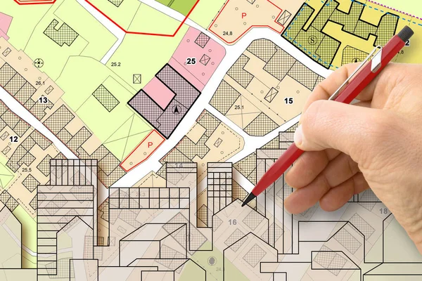 Arquiteto Desenhando Edifícios Sobre Mapa Cadastral Imaginário Território Plano Urbano — Fotografia de Stock