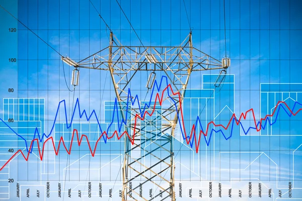 Growing Graph Electricity Production Costs Concept Power Tower Transmission Lines — Stock Photo, Image