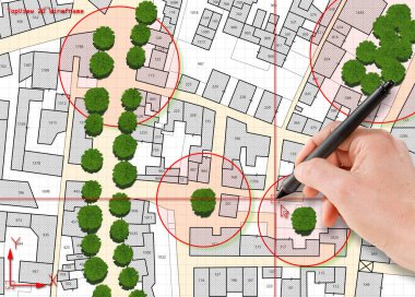 Census of singol, group or row trees in cities -  green management and tree mapping concept with imaginary city map with highlighted trees  clipart