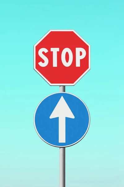 Tegenspraak Concept Met Stop Pijl Verkeerstekens Concept Beeld — Stockfoto