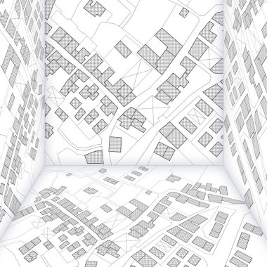 Binalar, arazi parseli ve boş arazi içeren hayali kadastro haritası - kopya alanı olan gayrimenkul konsepti çizimi