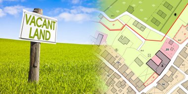 Arazi yönetimi - boş bir arazide arazi kavramı. Yeşil bir alanda inşa için mevcut. Konut alanı ve hayali kadastro haritasına karşı.