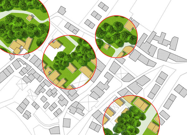 Перепись деревьев в городах - зеленое управление и концепция картографирования деревьев с воображаемой картой города с выделенными деревьями 